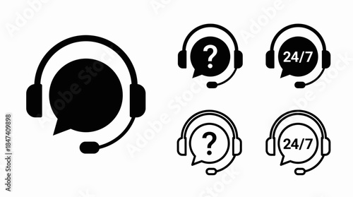 Black support icons showing headsets, speech bubbles, question marks and 24/7 service symbols, concept for customer service, call center interface and technical assistance representation