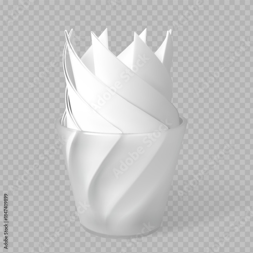 3D glass cup with white paper napkins folded into triangles.