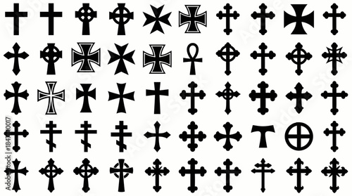 Collection of diverse black cross silhouettes and religious symbols vector set on white, concept for theology study, iconography design and spiritual artwork