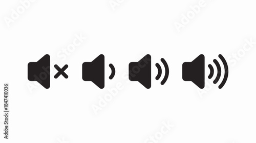 Black vector icons depicting sound speaker volume levels from mute to maximum, isolated white, concept for web design, mobile application interface and digital media projects