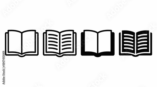 Four open book vector icons in outline and solid styles showing blank and text pages on a white background, concept for education, knowledge and library user interface design