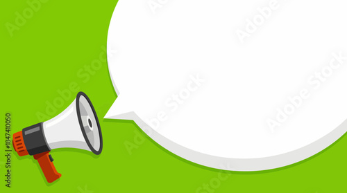 Graphic illustration of a modern megaphone with a blank white speech bubble on a vibrant green background, concept for urgent alerts, advertising promotions and breaking news announcements