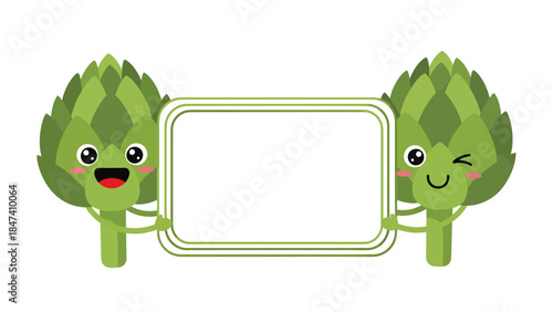 Two adorable, anthropomorphic artichokes hold a blank signboard with a green border between them, with the left vegetable grinning broadly while its companion on the right gives a playful wink