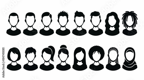 Diverse user avatar vector set featuring black silhouettes of modern professional men and women, concept for corporate profiles, website design and human resources directories