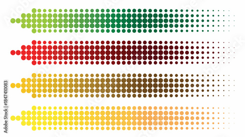 Set of four colorful halftone dotted arrows or banners in different shades on white, concept for digital interface design, web page headers and progress indicators