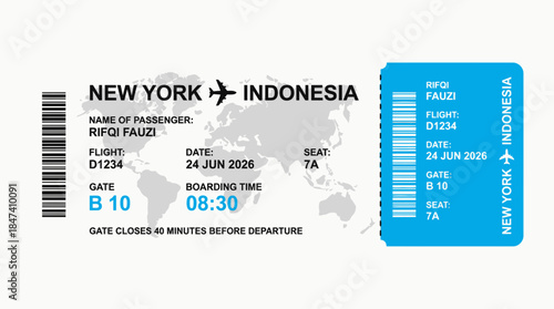 Vector airline boarding pass illustration, New York to Indonesia flight details on world map graphic, concept for flight booking interface, travel agency design and digital documentation