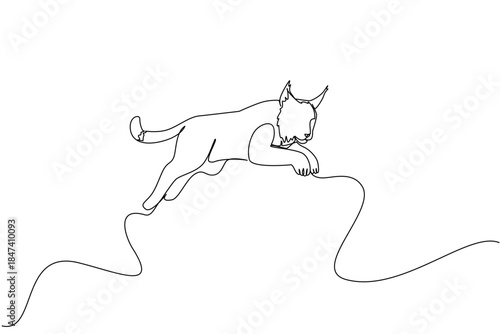 Continuous line drawing of a lynx jump leaping forward, composed in a single elegant stroke to emphasize agility and strength for International Lynx Day, illustrating animal movement, nature concept