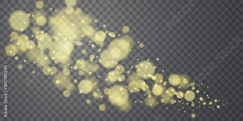 Festive sparkling dust gold PNG. Bokeh Christmas glowing light effect. Soft gold bokeh light circles float on a transparent background, glowing effect perfect for overlays, festive designs