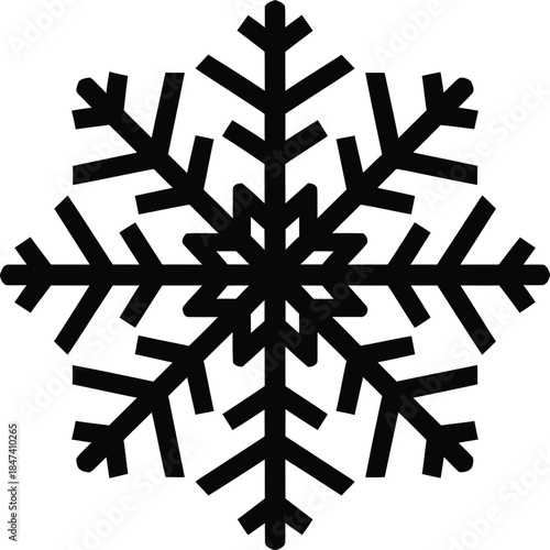 Black snowflake icon vector isolated on white background for Christmas holiday celebration winter season symbol nature element and snowy weather forecast design.