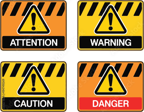 Warning caution board to attract attention. Exclamation mark. Danger signs. Vector text danger. Concept caution dangerous areas. Clipart hazard.
