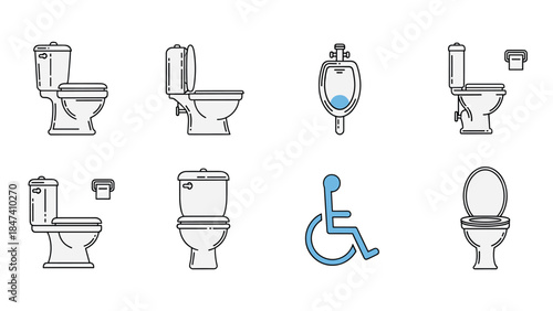 Toilet and urinal illustrations for bathroom design and accessibility, Generative AI.