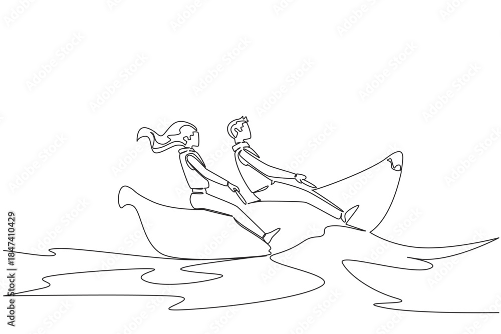 Fototapeta premium Continuous line drawing of a man and woman rowing a banana boat together on water, conveying connection, relaxation, and adventure, highlighting the travel and outdoor lifestyle
