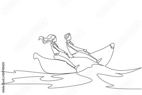 Continuous line drawing of a man and woman rowing a banana boat together on water, conveying connection, relaxation, and adventure, highlighting the travel and outdoor lifestyle
