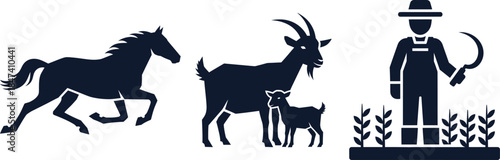 Horse, Goat with Kid, and Farmer with Sickle Silhouette Icons running animal