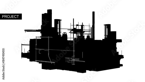 Industrial building project silhouette with word 'project' on a black banner, schematic drawing representing architecture, construction and engineering