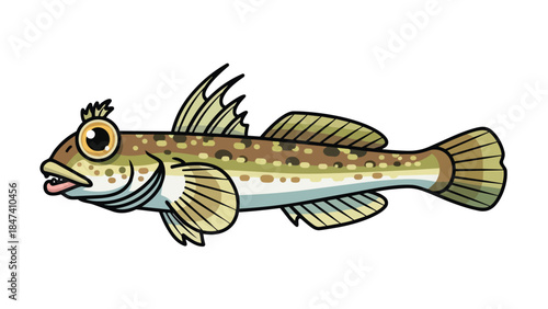 A whimsical cartoon goby fish with big eyes and a spotted body swimming sideways. This lively aquatic creature illustration is perfect for