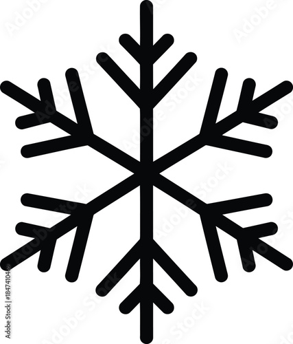 Black snowflake icon vector isolated on white background for winter season decoration Christmas holiday celebration symbol and snowy weather forecast element design.