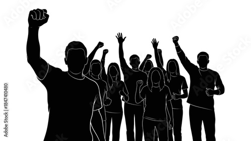 People with raised fists and hands in air, black silhouettes demonstrating unity and protest, concept of revolution, struggle, freedom and human rights