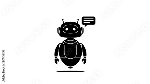 Cute cartoon chat bot with speech bubble, black and white vector icon of artificial intelligence, customer service and technology support assistant