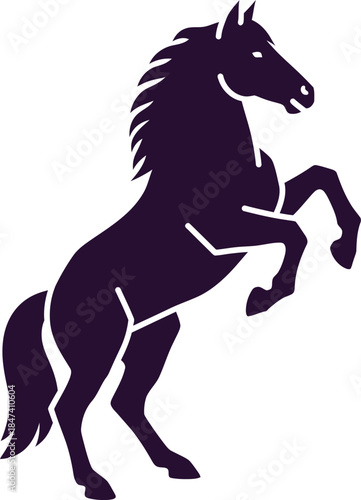 Silhouette of a rearing dark purple horse with flowing mane and tail animal mammal