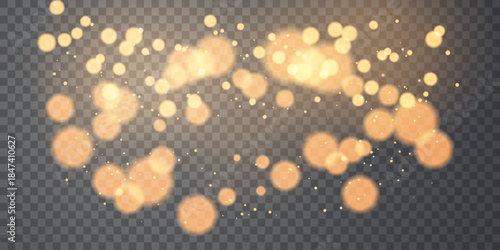 Festive sparkling dust gold PNG. Bokeh Christmas glowing light effect. Soft gold bokeh light circles float on a transparent background, glowing effect perfect for overlays, festive designs
