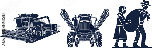Silhouette of Combine Harvester, Sprayer Tractor, and Farmers Keywords: combine harvester, agricultural sprayer, tractor, farmers