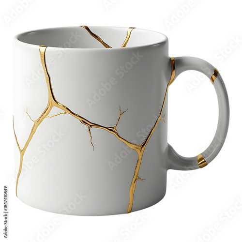 White ceramic mug with gold crack repair isolated on white background showing kintsugi art