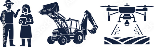 Silhouette of Farmers, Backhoe Loader, and Agricultural Drone Keywords: farmers, couple, man, woman, backhoe loader, excavator