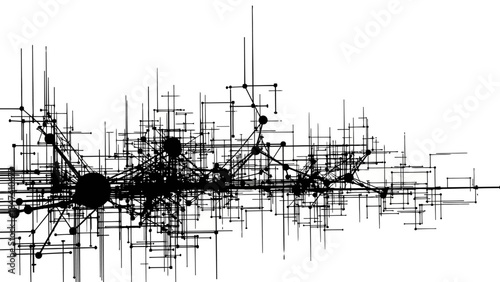 Abstract network of interconnected lines and varying sized nodes representing complex data structures digital communication and expansive systems