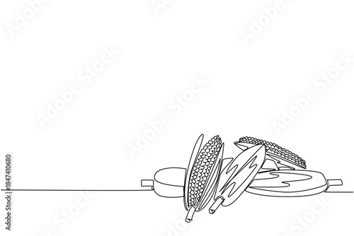 Single line drawing of corn cobs on a floor with husks and cutting boards, symbolizing cooking and harvest. This food concept celebrates National Corn on the Cob Day in a flat minimalist sketch style.