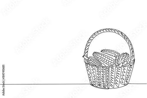 Continuous line drawing of a basket filled with corn cobs, emphasizing farm harvest and tradition. This agriculture concept design celebrates National Corn on the Cob Day with a rustic style vector