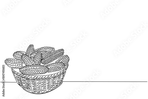 Single line draw of corn cobs neatly arranged in a woven basket, showing freshness and organic harvest. This nature concept artwork highlights National Corn on the Cob Day in minimalist sketch style.