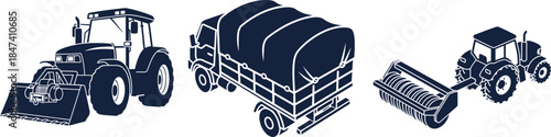 Silhouette Set of Agricultural and Construction Vehicles and Equipment Keywords: tractor, loader, truck, trailer, agricultural