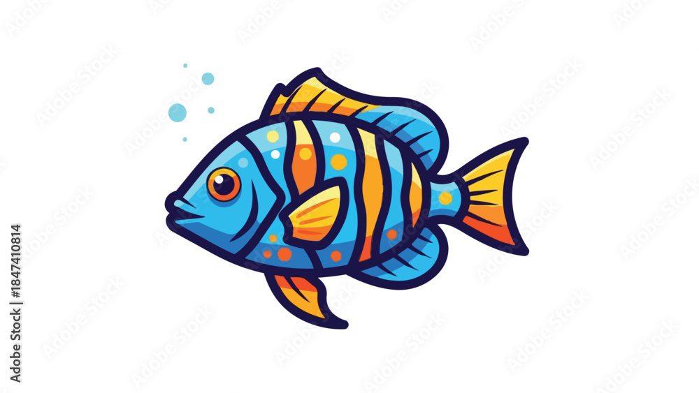 Fototapeta premium Vibrant cartoon reef fish swimming gracefully in clear water with gentle bubbles, depicting a cheerful aquatic scene. This delightful illustration