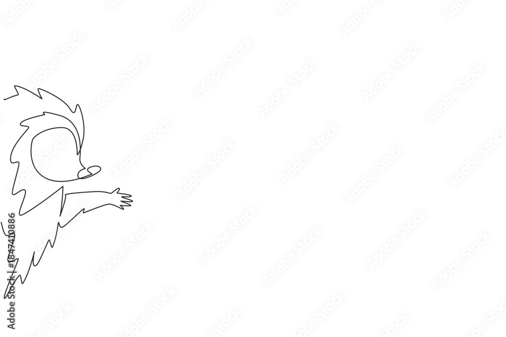 Fototapeta premium Single line drawing of a hedgehog with spiky silhouette waving hand, designed in vector sketch style. This fun nature concept artwork celebrates Say Hi Day with cheerful wildlife expression.