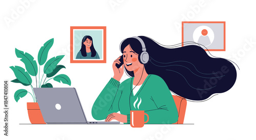 A happy woman with long hair wearing headphones works on her laptop and talks on the phone, enjoying her remote work from home.
