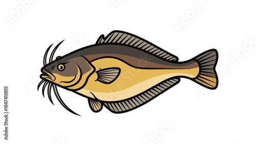 This vibrant cartoon fish illustration features a freshwater creature with prominent barbels against a plain white background perfect for aquatic