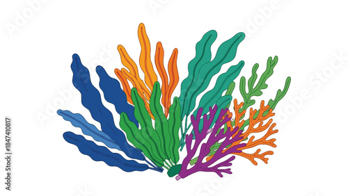 A richly colored underwater ecosystem illustration featuring a diverse array of marine plants and corals in blue, green, orange, and purple hues,