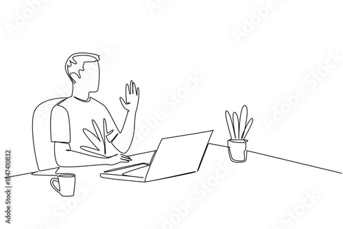 Man on casual wear sitting at chair desk with laptop, coffee, and plant, waving his hand in greeting, designed in single line drawing style, symbolizing a business concept and the theme of Say Hi Day.
