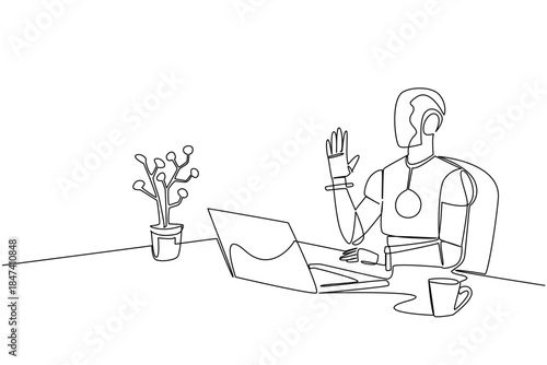Robot at desk with laptop, coffee, and plant, waving to greet in continuous line drawing style, highlighting science concept and Say Hi Day theme in futuristic symbolic design.