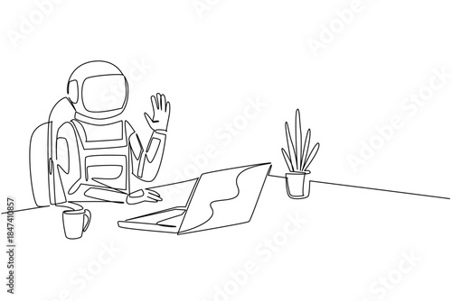 An astronaut sitting at a desk with a laptop, coffee cup, and plant, raising a hand to greet, drawn in continuous line drawing style for Say Hi Day with a science and business concept.