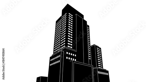 Black and white vector illustration of a tall, modern skyscraper with numerous glowing windows, symbolizing urban architecture and corporate power