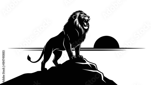 Striking black and white vector silhouette of a roaring lion standing majestically on a rocky outcrop with a setting sun in the background