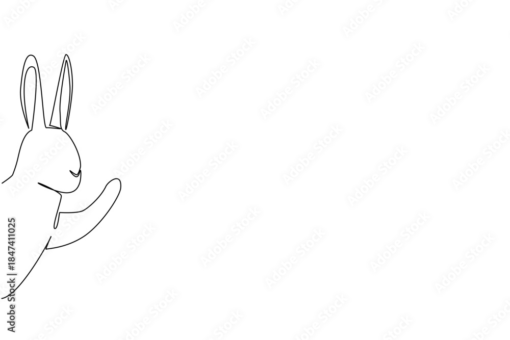 Fototapeta premium Continuous line drawing of a rabbit waving its paw behind the wall, designed in a nature concept for International Rabbit Day theme, showcasing playful minimalism in vector form.