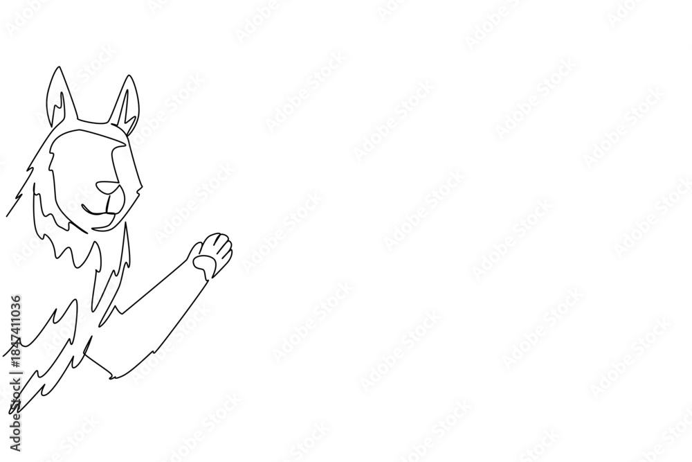 Fototapeta premium Single line drawing of a wolf waving its paw behind the wall, highlighting a nature concept with a wildlife theme, created for International Wolf Awareness Day as minimal vector art.