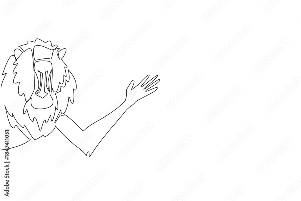Fototapeta premium Continuous line drawing of a mandrill waving hand behind a wall, emphasizing its colorful face in a simplified style. Created as a design concept for International Monkey Day with nature theme.
