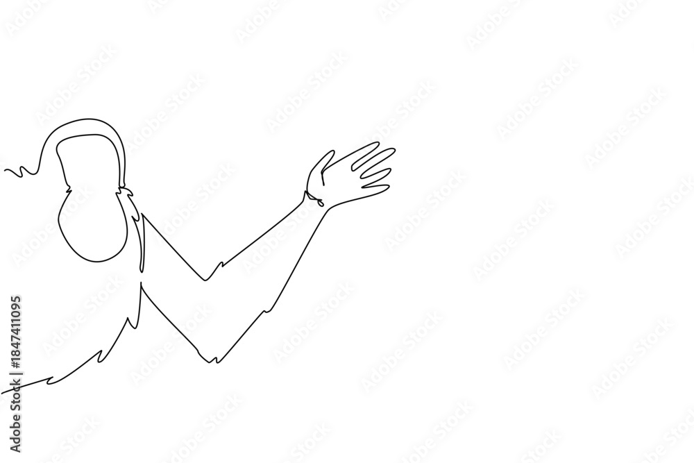 Fototapeta premium Single line drawing of an orangutan waving from behind the wall, emphasizing conservation awareness. This design concept celebrates International Orangutan Day as part of nature theme.