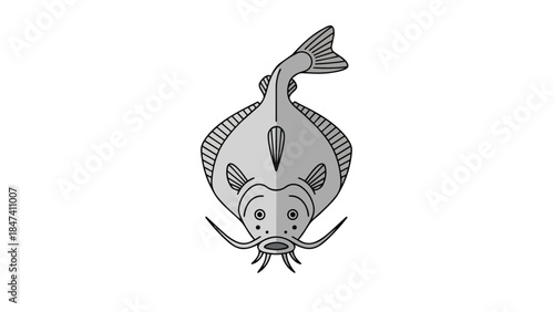 A charming greyscale cartoon of a stylized flatfish with prominent barbels and wide, expressive eyes, presented simply on a clean white background