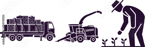 Silhouettes of a truck with cargo, a combine harvester, and a farmer tending plants Keywords: truck, cargo truck, delivery truck