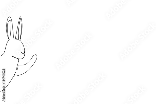 Continuous line drawing of a rabbit waving its paw behind the wall, designed in a nature concept for International Rabbit Day theme, showcasing playful minimalism in vector form.